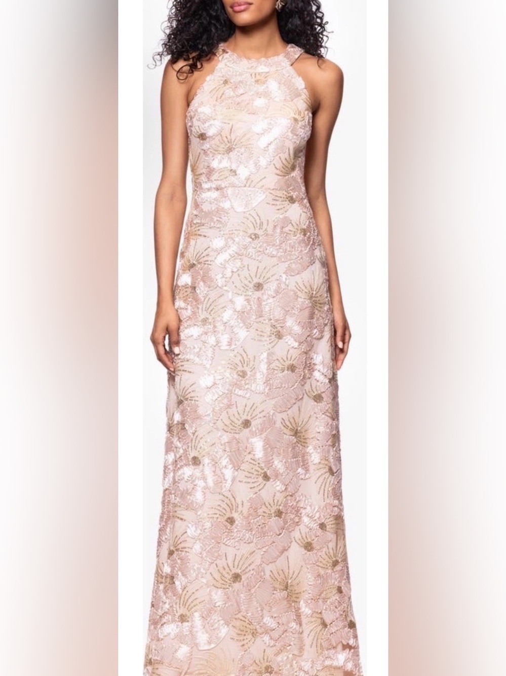 New Betsy & Adam Sequin Floral Sleeveless Gown In Champagne Size 6 $279